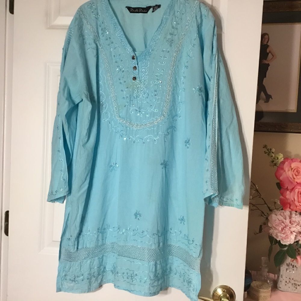 Double Decker Women’s Size Plus Light Turquoise Tunic Top with Embroidery Detail